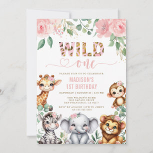 Invitation Safari Animal Wild One Blush Floral 1er Anniversai