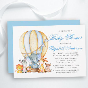 Invitation Safari Animaux Air Balloon Baby shower Blue Silver