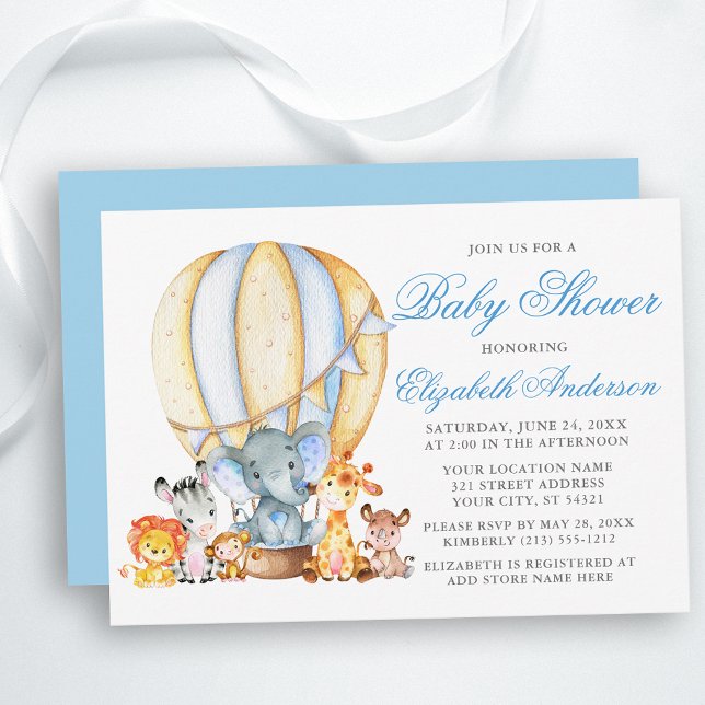 Invitation Safari Animaux Air Balloon Baby shower Blue Silver (Customize to change text color, size, text style or change color of back of card.)