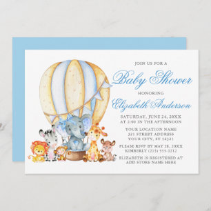 Invitation Safari Animaux Air Balloon Blue Bow Baby shower