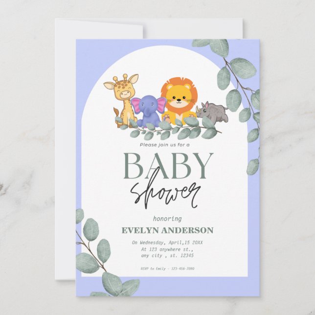 Invitation Safari Animaux Baby shower bleu garçon (Devant)