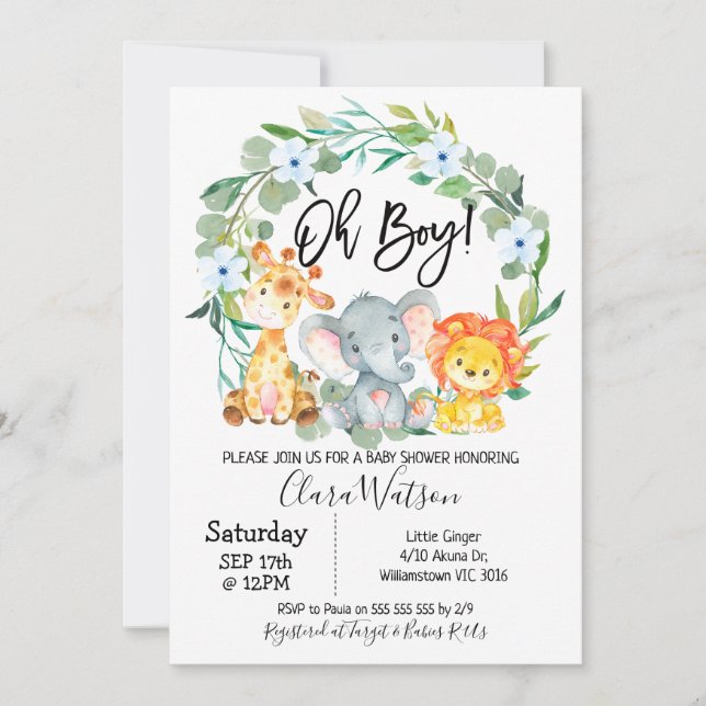 Invitation Safari Animaux Baby shower de couronne (Devant)
