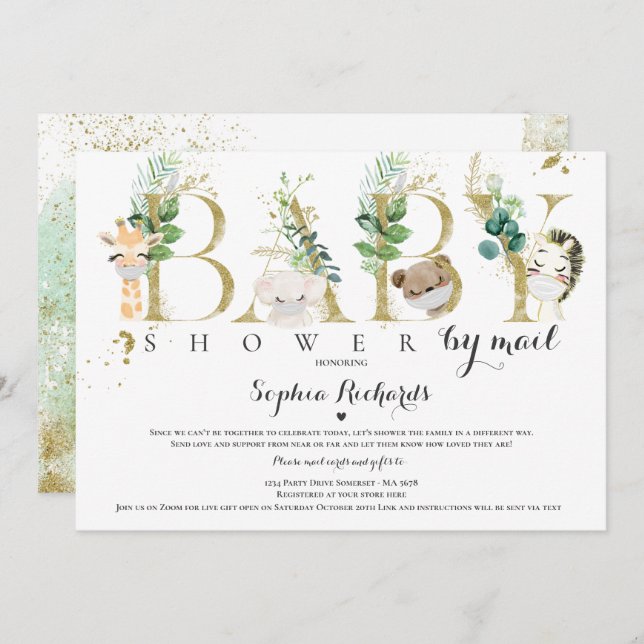 Invitation Safari Animaux Baby shower Par Mail Greenery Gold (Devant / Derrière)