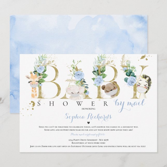 Invitation Safari Animaux Baby shower Par Mail Greenery Gold (Devant / Derrière)
