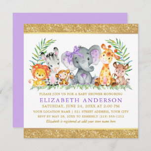 Invitation Safari Animaux Baby shower Violet Bow Parties scin
