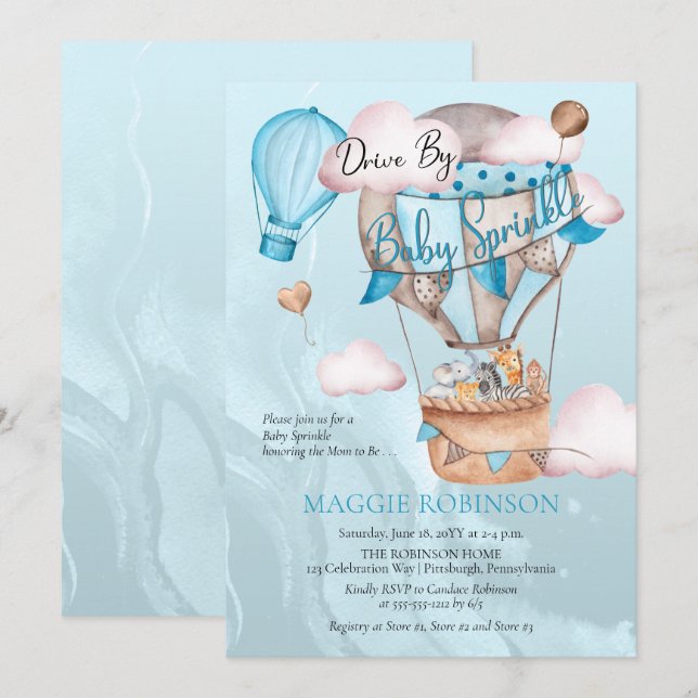 Invitation Safari Animaux Ballons Conduire Par Garçon Bébé Sp (Devant / Derrière)