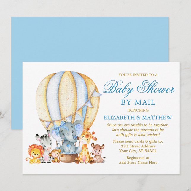Invitation Safari Animaux Balloon Blue Bow douche par la post (Devant / Derrière)