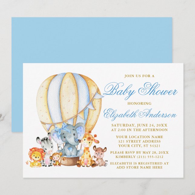 Invitation Safari Animaux Blue Bow Air Baby shower à ballon (Devant / Derrière)