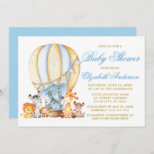 Invitation Safari Animaux Blue Bow Air Baby shower à ballon