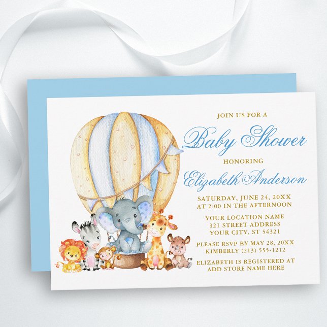 Invitation Safari Animaux Blue Hot Air Balloon Baby shower (Customize to change text color, size, text style or change color of back of card.)