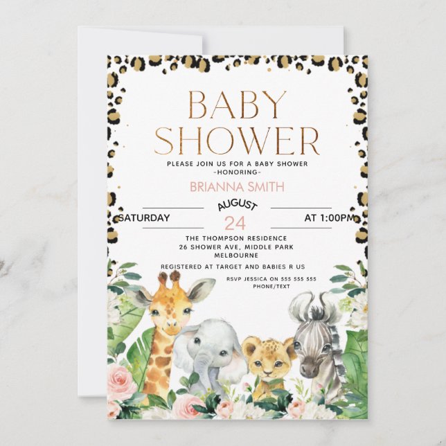Invitation Safari Animaux Cheetah Baby shower d'impression (Devant)