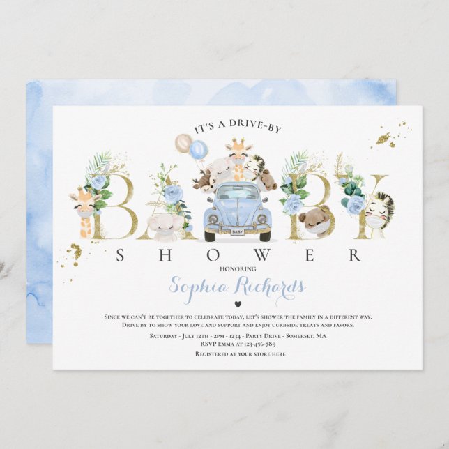 Invitation Safari Animaux Conduite Par Baby shower Verdure Or (Devant / Derrière)