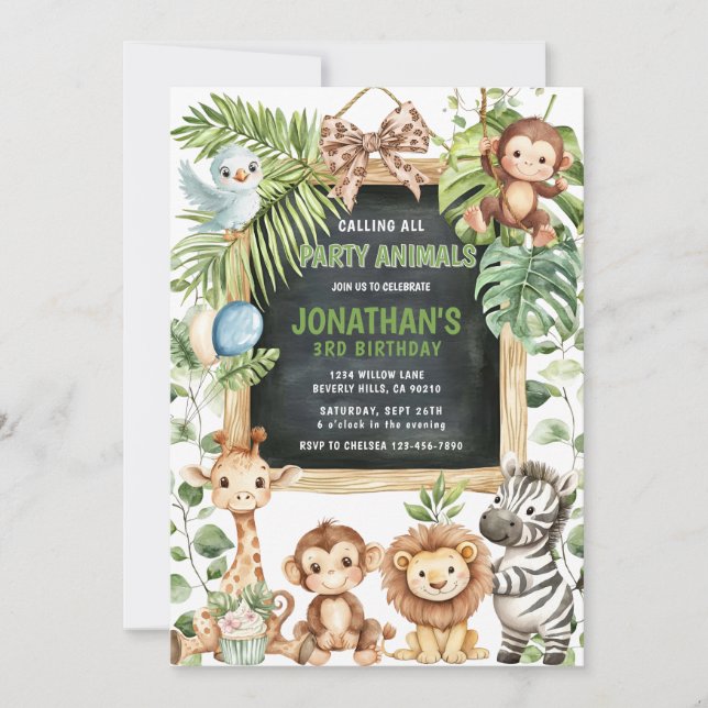 Invitation  Safari Animaux de la Jungle Verdure Anniversaire (Devant)