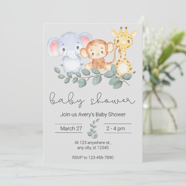 Invitation Safari Animaux et Baby shower verdoyant (Debout devant)