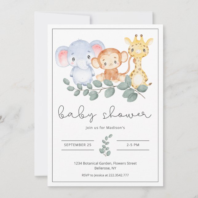 Invitation Safari Animaux et Baby shower verdoyant (Devant)