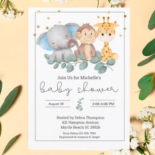 Invitation Safari Animaux et Baby shower verdoyant