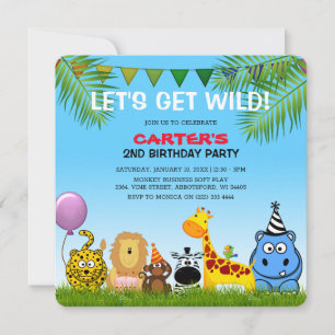 Invitation Safari Animaux Fête Anniversaire de enfant colorée