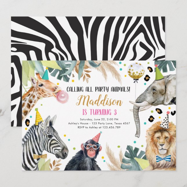 Invitation Safari Animaux Fête Fille Or rose Anniversaire (Devant / Derrière)