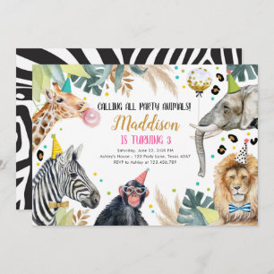Invitation Safari Animaux Fête Fille Or rose Anniversaire