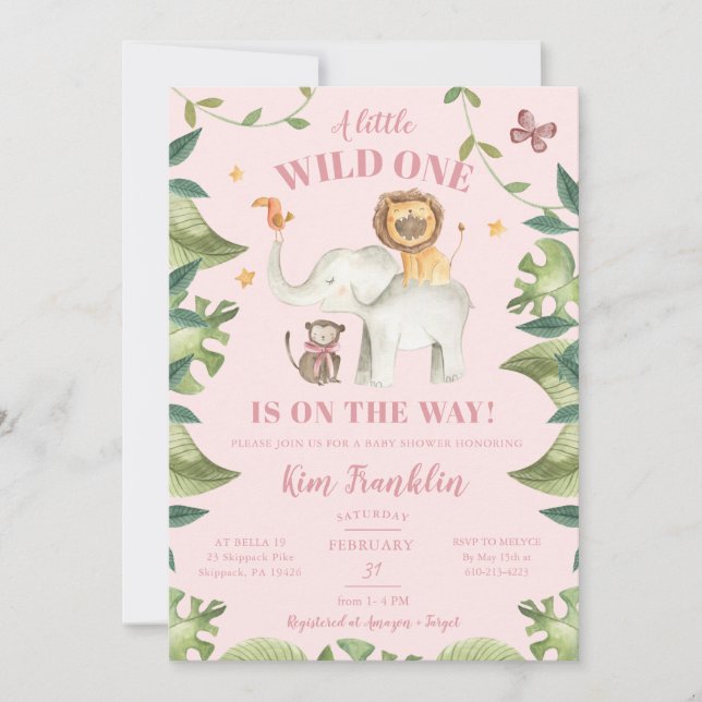 Invitation Safari Animaux Fille Baby shower sauvage Un (Devant)