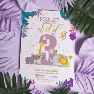 Invitation Safari Animaux Filles Jeune Sauvage et Trois Anniv