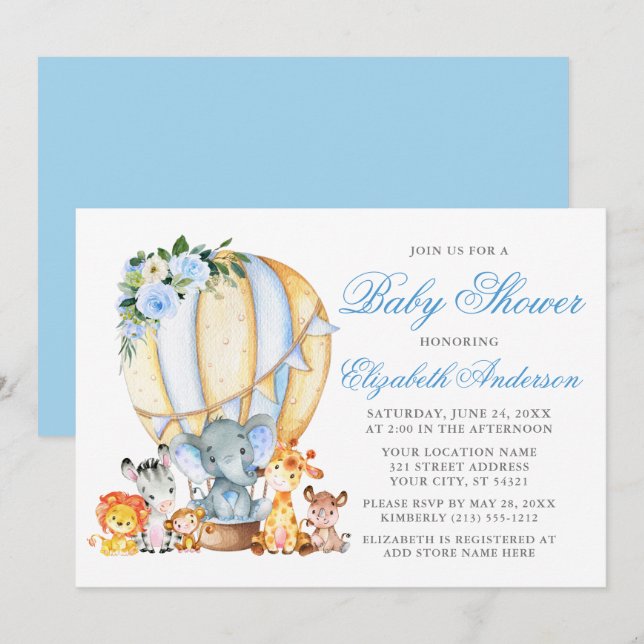 Invitation Safari Animaux Floral Air Balloon Baby shower bleu (Devant / Derrière)