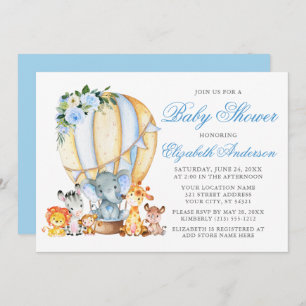 Invitation Safari Animaux Floral Air Balloon Baby shower bleu