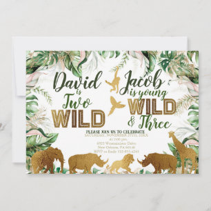 Invitation Safari Animaux Jumeaux Anniversaire, Jungle Animau