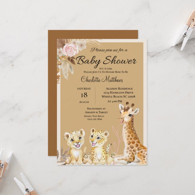 Invitation Safari Animaux Jungle Baby shower (Devant/Arrière en situation)