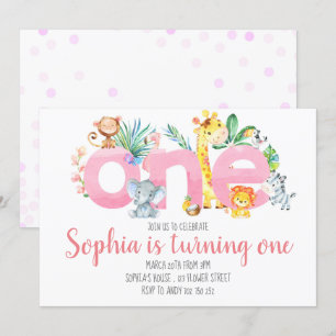 Invitation Safari Animaux Jungle Rose Girl 1er anniversaire