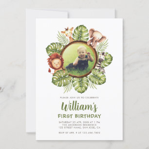 Invitation Safari Animaux Photo Jungle Green 1er anniversaire