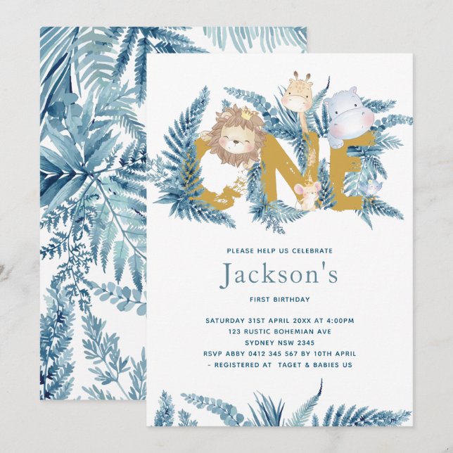 Invitation Safari Animaux premier anniversaire (Devant / Derrière)