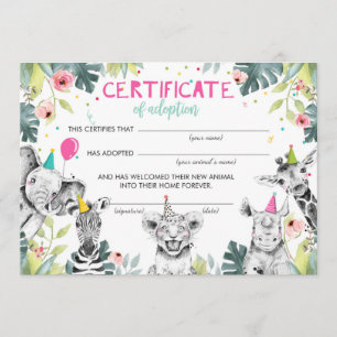 Invitation Safari Animaux sauvages Certificat d'adoption Anni