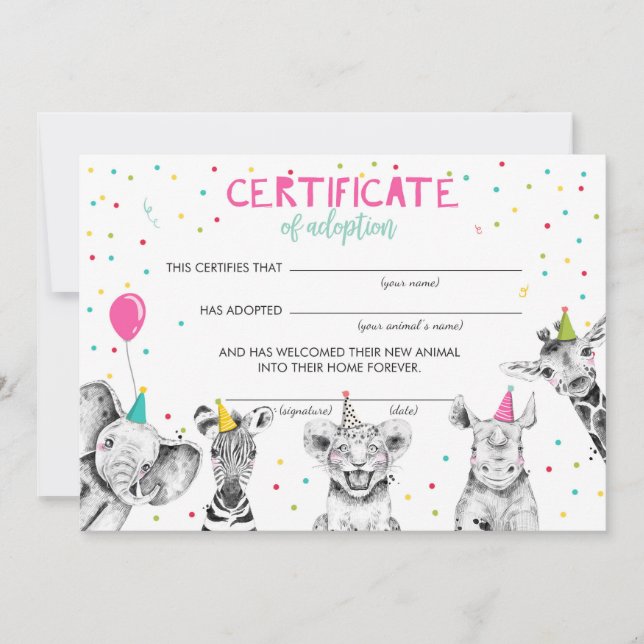 Invitation Safari Animaux sauvages Certificat d'adoption Anni (Devant)