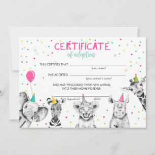 Invitation Safari Animaux sauvages Certificat d'adoption Anni
