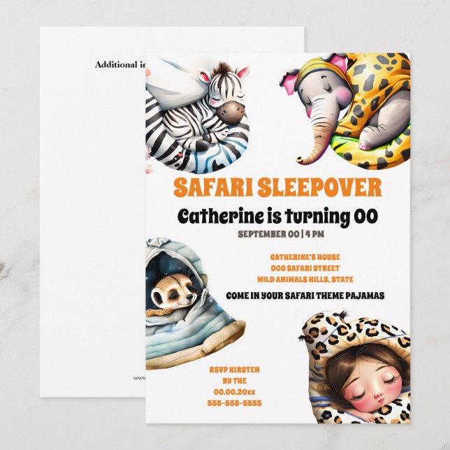 Invitation Safari animaux sauvages dormir la partie en pyjama (Devant / Derrière)