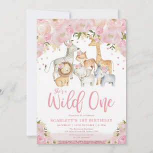 Invitation Safari Animaux Sauvages Fille Florale Rose