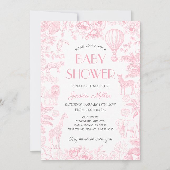 Invitation Safari Animaux Toile De Jouy Baby shower Fille (Devant)