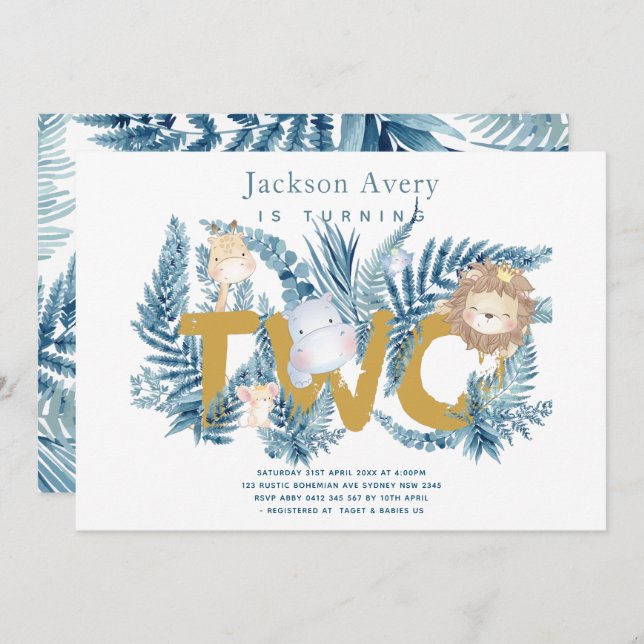 Invitation Safari Animaux Tropical Deuxième Anniversaire (Devant / Derrière)