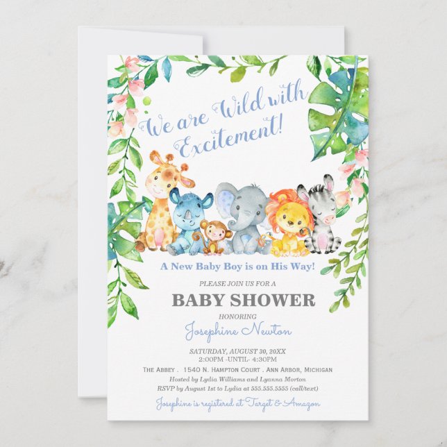 Invitation Safari Animaux Wild Jungle Baby shower garçon (Devant)