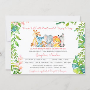 Invitation Safari Animaux Wild Jungle Girl Baby shower