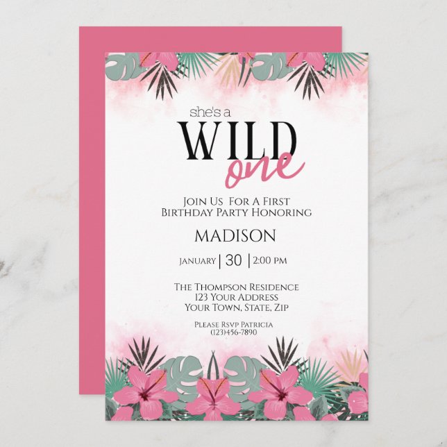 Invitation Safari Animaux Wild One Girls Premier anniversaire (Devant / Derrière)