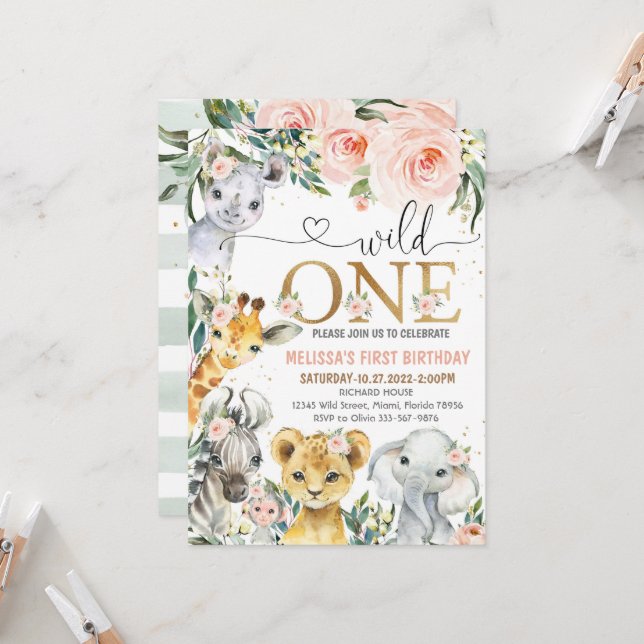 Invitation Safari Anniversaire Invitation, Wild One Girl Part (Devant/Arrière en situation)