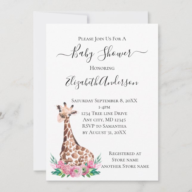 Invitation Safari Baby Giraffe avec fleurs roses (Devant)