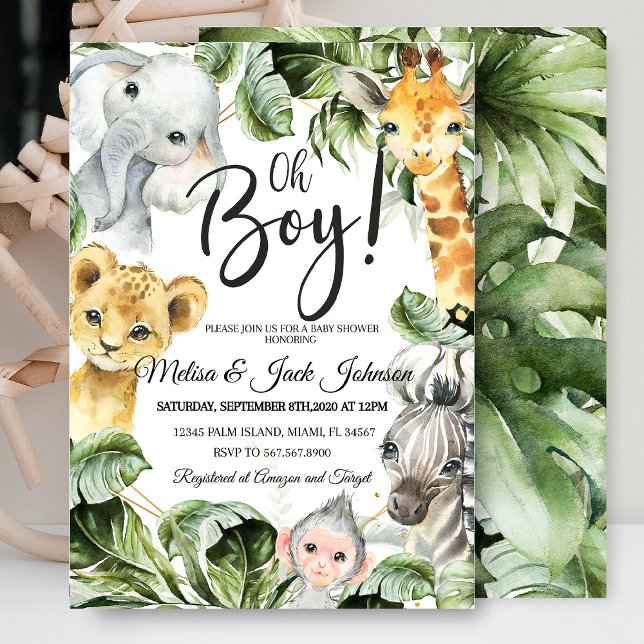 Invitation Safari baby shower bébé garçon douche (Safari Baby Shower Baby Boy Shower invitation with jungle animals like lions, giraffes, and elephant)