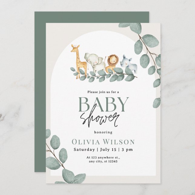 Invitation Safari Baby Shower Invite, Greenery Jungle Neutral (Devant / Derrière)