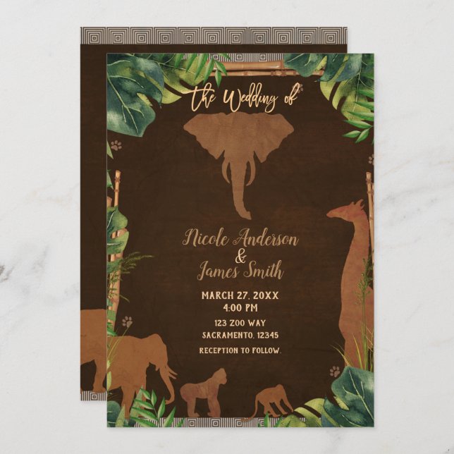 Invitation Safari Brown Jungle Zoo Animaux Mariage moderne (Devant / Derrière)