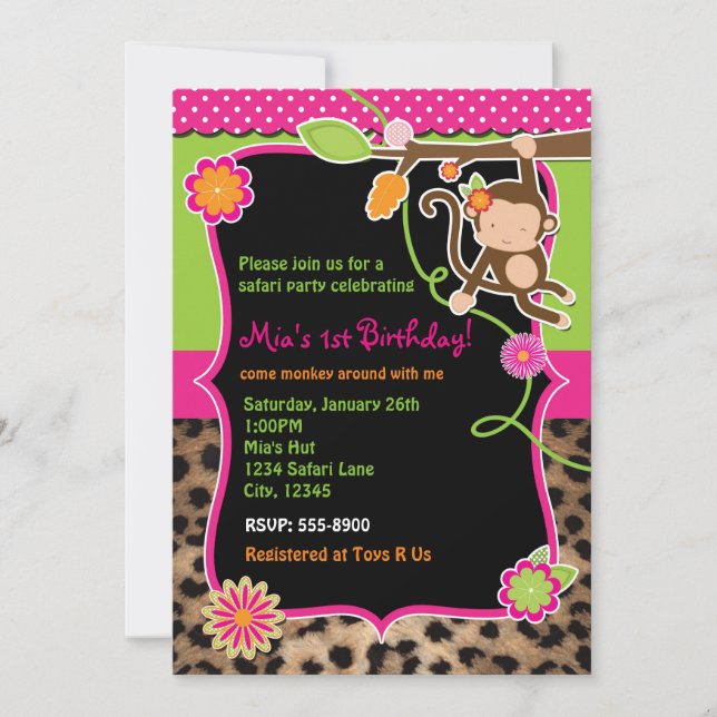 Invitation Safari Chic Jungle Fille Singe Lumineus (Devant)