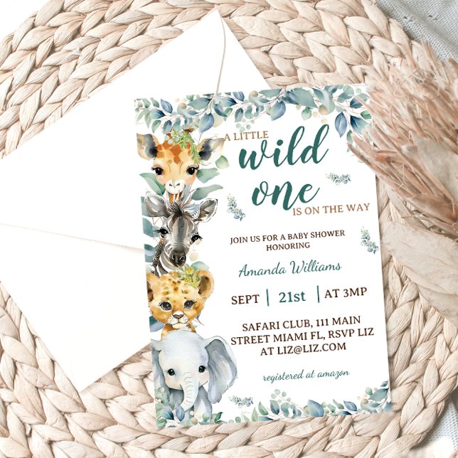 Invitation Safari d'Animal Sauvage Fête Bébé Vert Sauge (Créateur téléchargé)