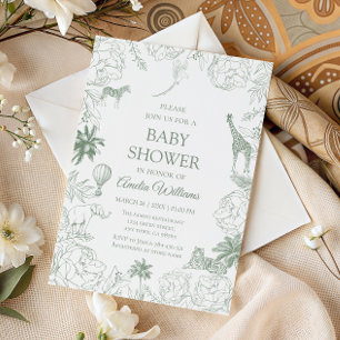 Invitation Safari d'animaux de jungle en vert sauge pour Baby